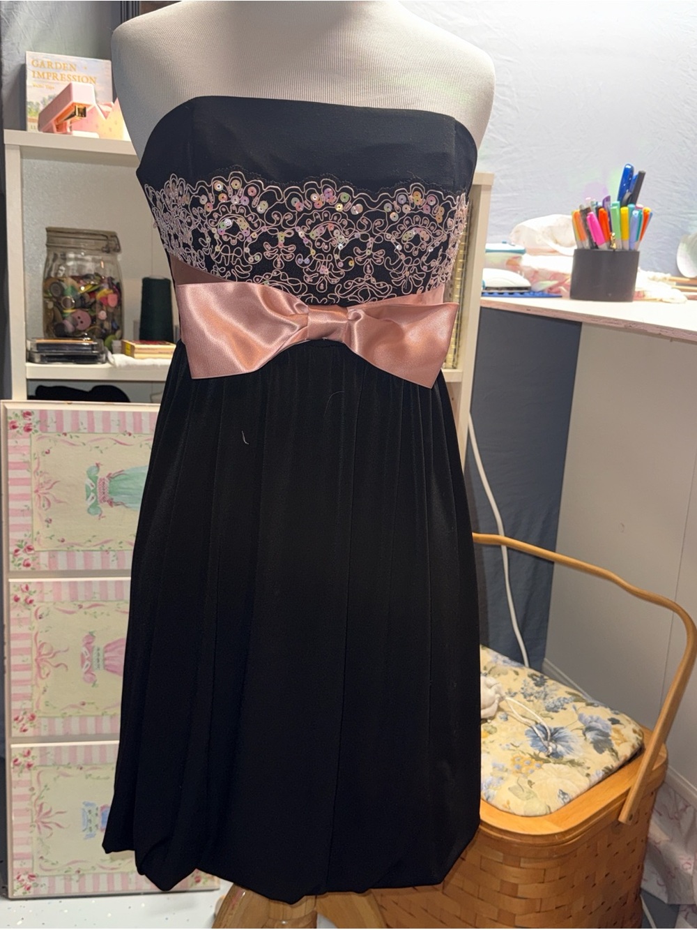 Girls Black Strapless Party Dress with Pink Embroidered Bodice and Satin Bow